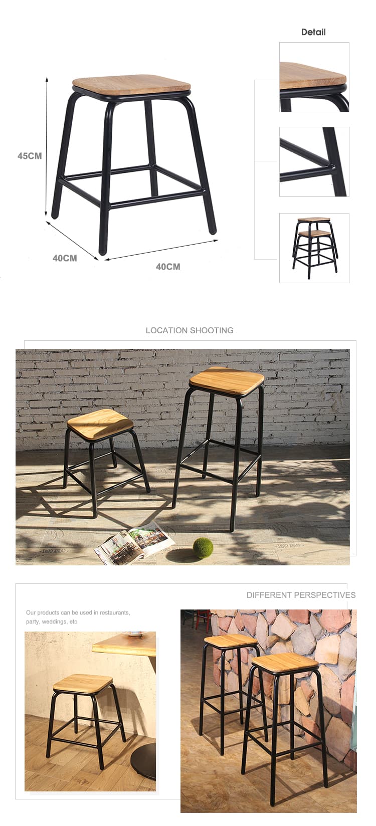 Simple Bar Stool Metal Leg Wooden Seat Stool 656-H75-STW (2)