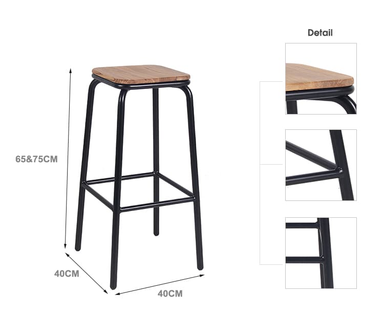 Simple Bar Stool Metal Leg Wooden Seat Stool 656-H75-STW (3)